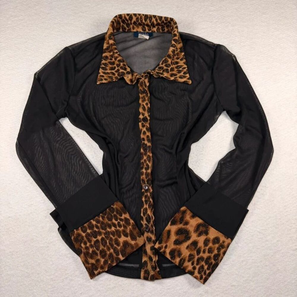 Vintage Y2K RAG Sheer Mesh Leopard Trim Button Up Blouse